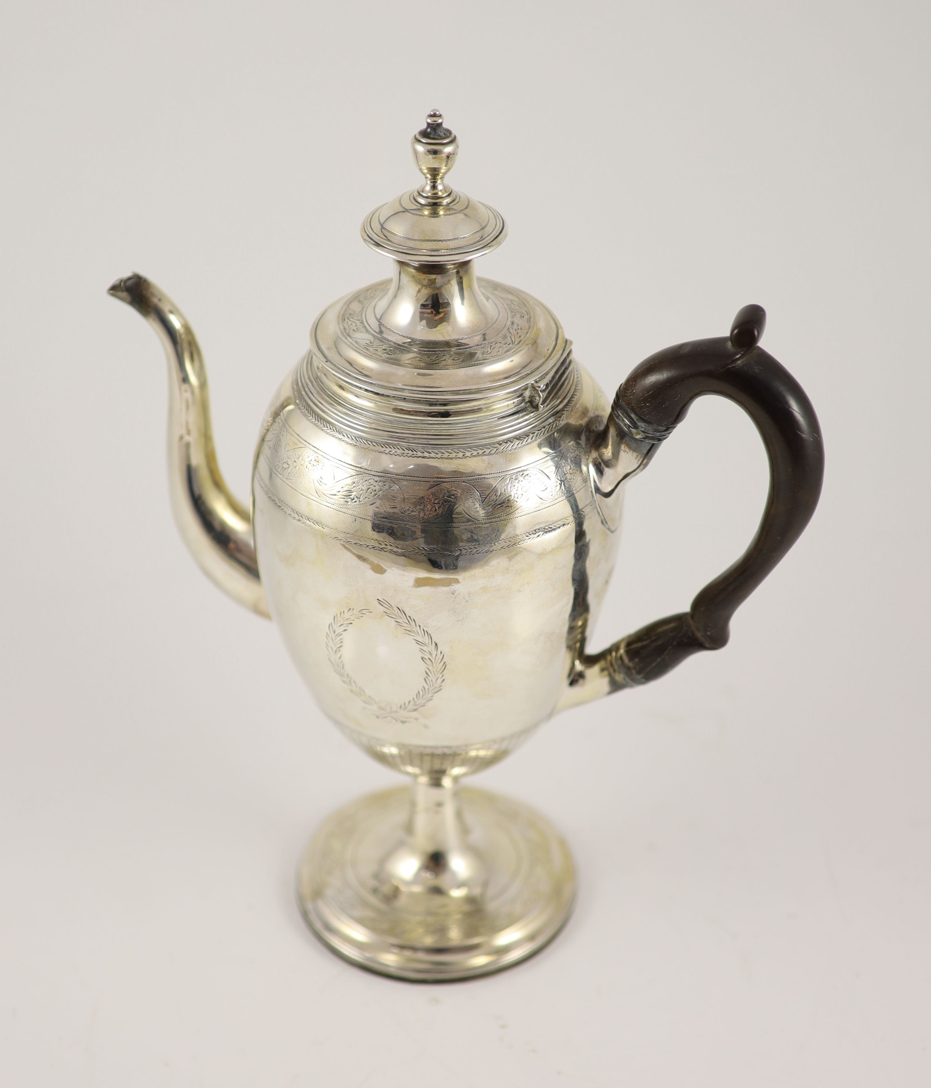 A George III provincial silver pedestal coffee pot with hinged cover, by John Robertson I